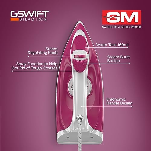 GM G-Swift Steam Iron 1250W with Dual Protection of Thermostat& Thermal FuseISelf CleaningI160ml Water Tank Vertical Steam Ironing|PTFE Non-Stick SoleplateIIndicator LightI360 Degree Swivel Cord- Red - Image 4