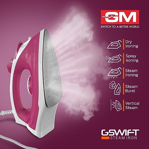 GM G-Swift Steam Iron 1250W with Dual Protection of Thermostat& Thermal FuseISelf CleaningI160ml Water Tank Vertical Steam Ironing|PTFE Non-Stick SoleplateIIndicator LightI360 Degree Swivel Cord- Red - Image 5
