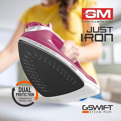 GM G-Swift Steam Iron 1250W with Dual Protection of Thermostat& Thermal FuseISelf CleaningI160ml Water Tank Vertical Steam Ironing|PTFE Non-Stick SoleplateIIndicator LightI360 Degree Swivel Cord- Red - Image 2