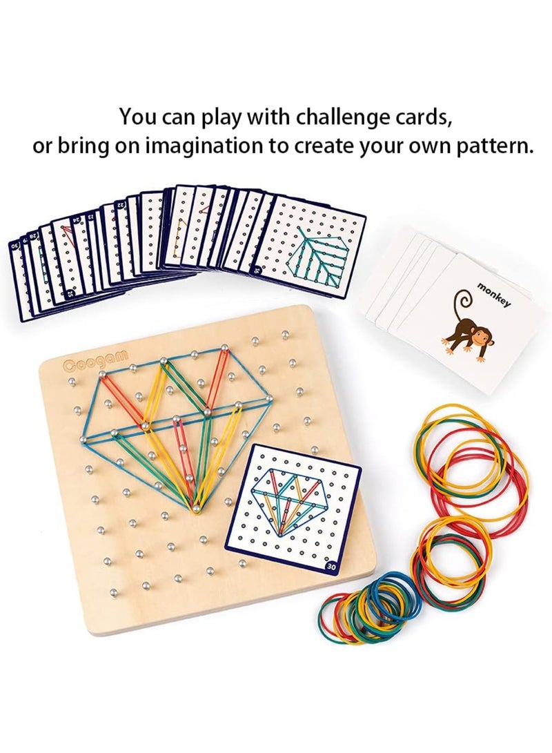 Arabest Wooden Geoboard Mathematical Manipulative Material Array Block Geo Board – Graphical Educational Toys with 30Pcs Pattern Cards and Latex Bands Shape STEM Puzzle Matrix 8x8 Brain Teaser for Kid  - Image 4