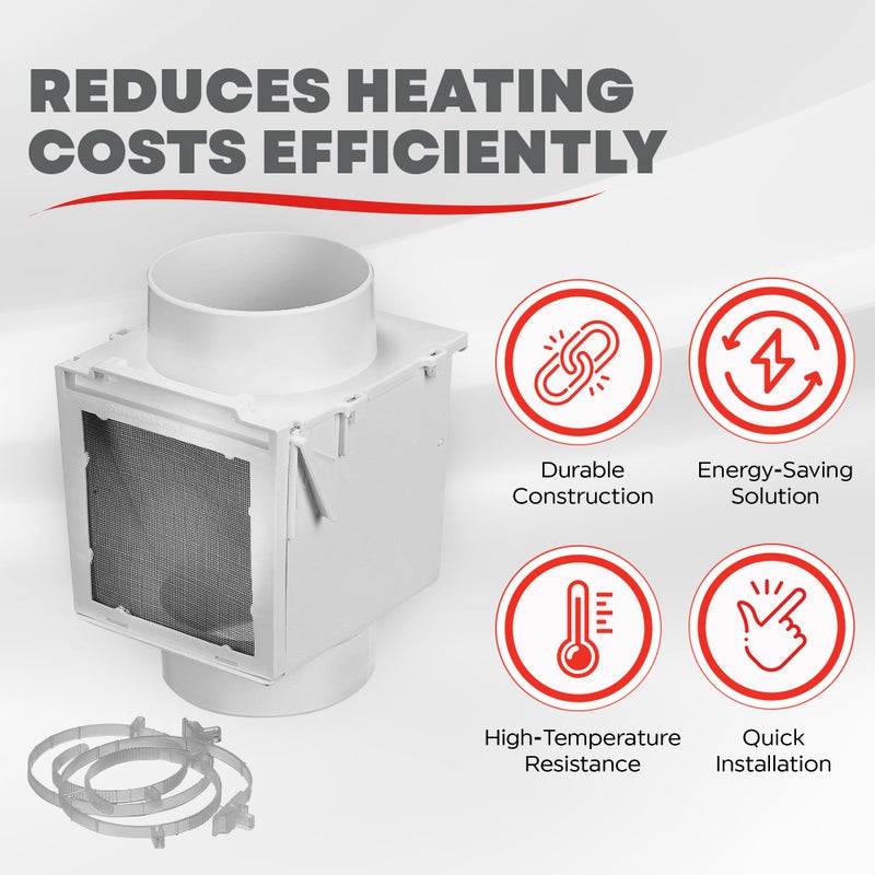 Deflecto ديفلكتو سيفر مجفف الحرارة الإضافي - متوافق مع قنوات الانتقال بقطر 4 بوصات | يتضمن 2 مشابك بلاستيكية متينة بقطر 4 بوصات | التحكم في الرطوبة، يوفر الطاقة ويقلل من تكاليف التدفئة بكفاءة - أبيض - Image 3