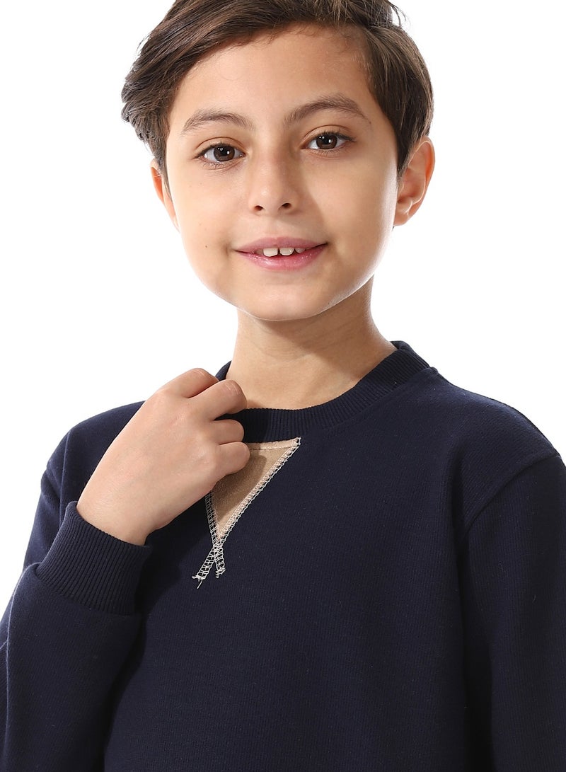 Andora Boys Cotton Round Neck Pullover _Navy Blue & Beige - Image 4