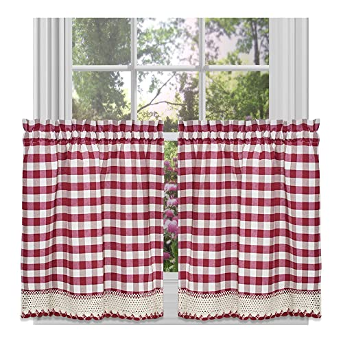 Achim Buffalo Check Tier Pair Window Curtain Set - 58 Inch Width, 24 Inch Length - Burgandy & Ivory Plaid Drapes - Light Filtering Drapes for Kitchen, Bedroom, Living & Dining Room by Achim Home Decor - Image 1