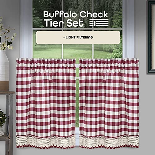 Achim Buffalo Check Tier Pair Window Curtain Set - 58 Inch Width, 24 Inch Length - Burgandy & Ivory Plaid Drapes - Light Filtering Drapes for Kitchen, Bedroom, Living & Dining Room by Achim Home Decor - Image 2