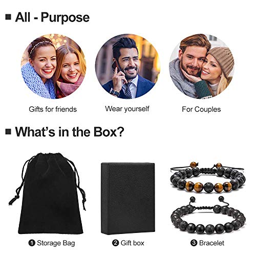 M MOOHAM Lava Rock Bracelets for Men - Tiger Eye Adjustable Beaded Black Matte Agate Bracelet Mens Gifts for Him - Image 2