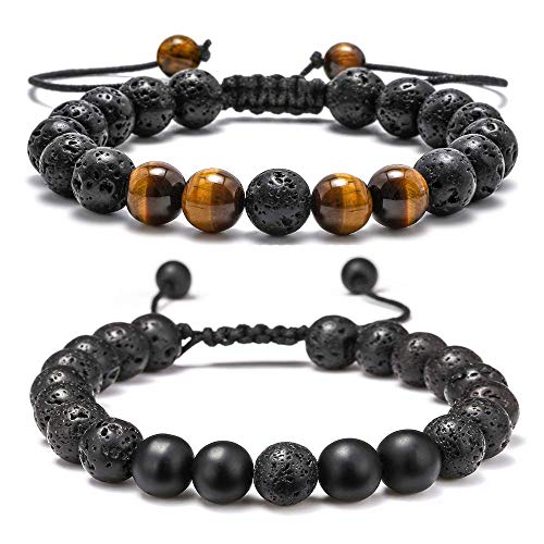 M MOOHAM Lava Rock Bracelets for Men - Tiger Eye Adjustable Beaded Black Matte Agate Bracelet Mens Gifts for Him - Image 5