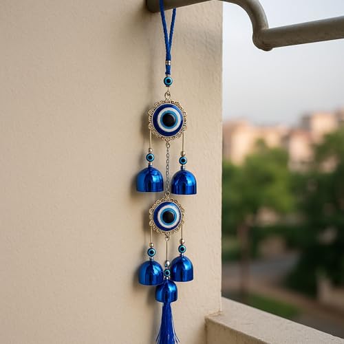 sculpmart Dual Evil Eye Wind Chime with Hanging Chain Design & 5 Bells for Main Door & Balcony Hanging for Positivness & Melody Sound (2 Big Eye) - Image 1