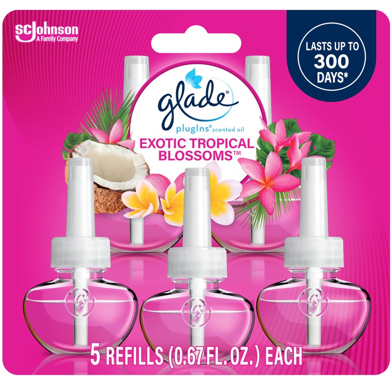Glade PlugIns Refills Air Freshener, Scented and Essential Oils for Home and Bathroom, Exotic Tropical Blossoms, 3.35 Fl Oz, 5 Count - Image 1