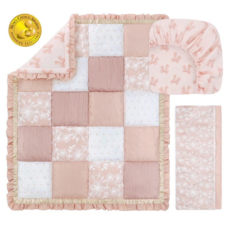 The Peanut Shell The Peanutshell 3 Piece Baby Crib Bedding Set for Girls - Cotton Fitted Crib Sheet, Layered Dust Ruffle, Comforter, Newborn, Infant & Toddler Vintage Nursery Bed Set Decor, Pink, Gold, Floral - Grace - Image 2