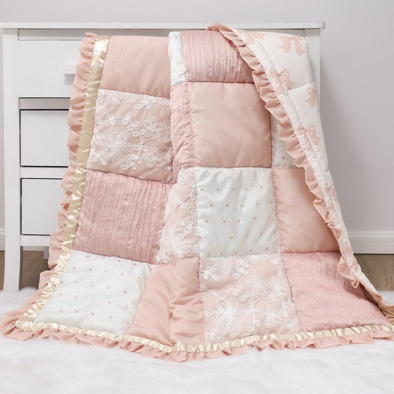 The Peanut Shell The Peanutshell 3 Piece Baby Crib Bedding Set for Girls - Cotton Fitted Crib Sheet, Layered Dust Ruffle, Comforter, Newborn, Infant & Toddler Vintage Nursery Bed Set Decor, Pink, Gold, Floral - Grace - Image 4