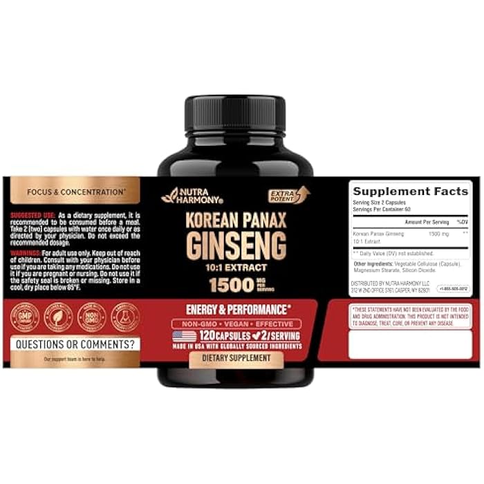NUTRAHARMONY Panax Ginseng 1500 mg - Red Korean Ginseng Supplement for Men - Extra Strength 10:1 Extract - Energy, Focus, Productivity & Performance - Natural & Vegan - Made in USA - 120 Capsules, 2 Month Supply - Image 2