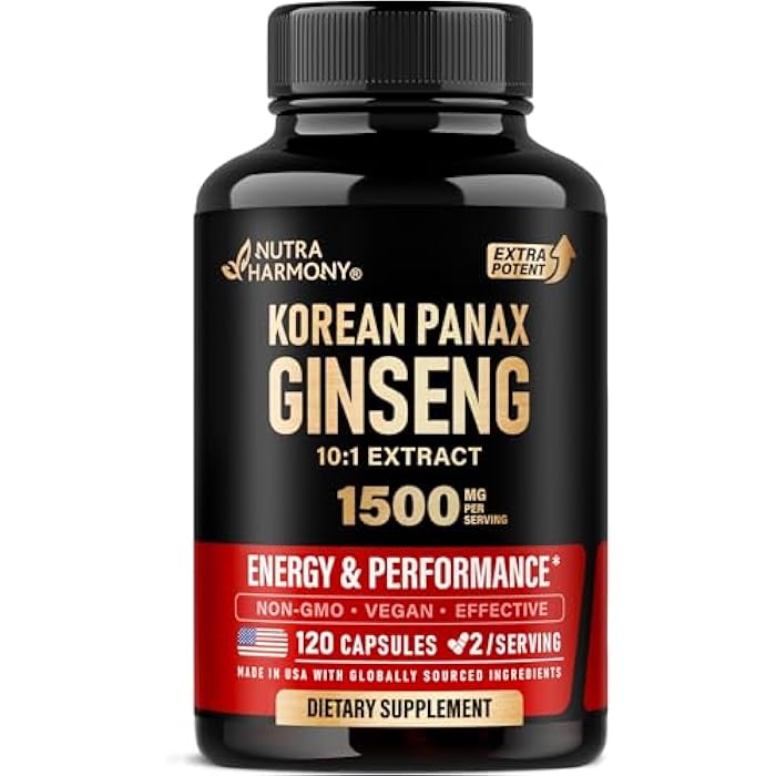 NUTRAHARMONY Panax Ginseng 1500 mg - Red Korean Ginseng Supplement for Men - Extra Strength 10:1 Extract - Energy, Focus, Productivity & Performance - Natural & Vegan - Made in USA - 120 Capsules, 2 Month Supply - Image 1