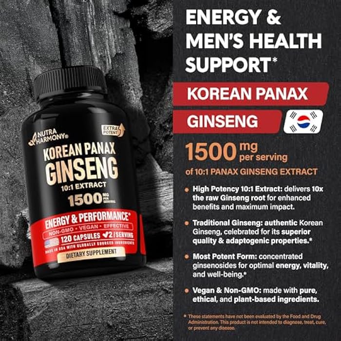 NUTRAHARMONY Panax Ginseng 1500 mg - Red Korean Ginseng Supplement for Men - Extra Strength 10:1 Extract - Energy, Focus, Productivity & Performance - Natural & Vegan - Made in USA - 120 Capsules, 2 Month Supply - Image 4