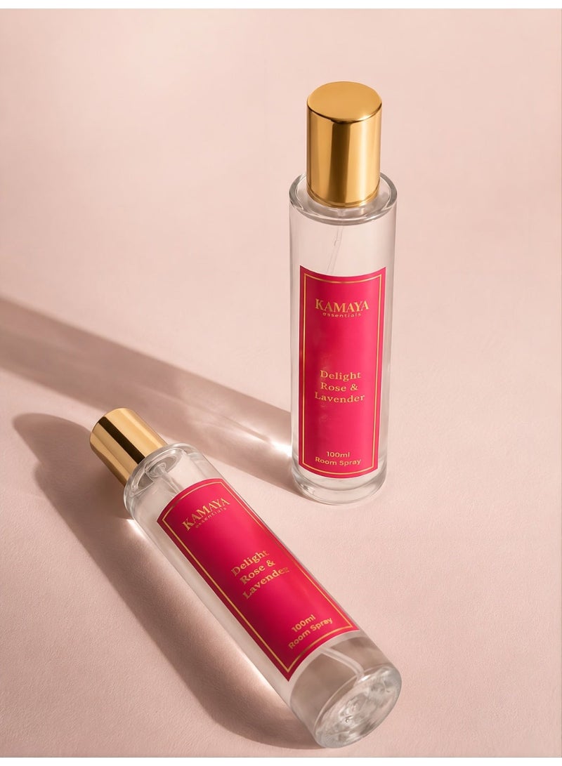 KAMAYA Iris Collection Rose & Lavender Room Spray 100ml | Long lasting rose and lavender fragrance in clear bottle with gold lid - Image 1