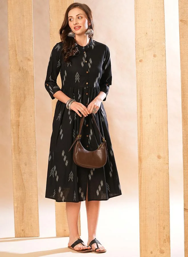 globus Globus Women Black Printed Collared A-Line Midi Dress