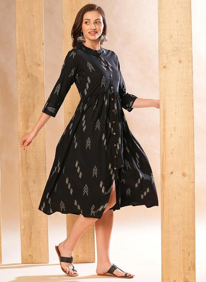 globus Globus Women Black Printed Collared A-Line Midi Dress