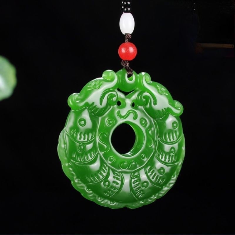Qi Ta Antique Dragon Pendant with Green Jade, Double Dragon Design, Wholesale - Image 2