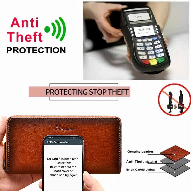 بانيانو محفظة رجالية طويلة من الجلد الطبيعي مع حماية ضد السرقة الرقمية، محفظة بطاقات متعددة بألوان أسود، بني فاتح، بني داكن، رمادي أزرق - Image 2