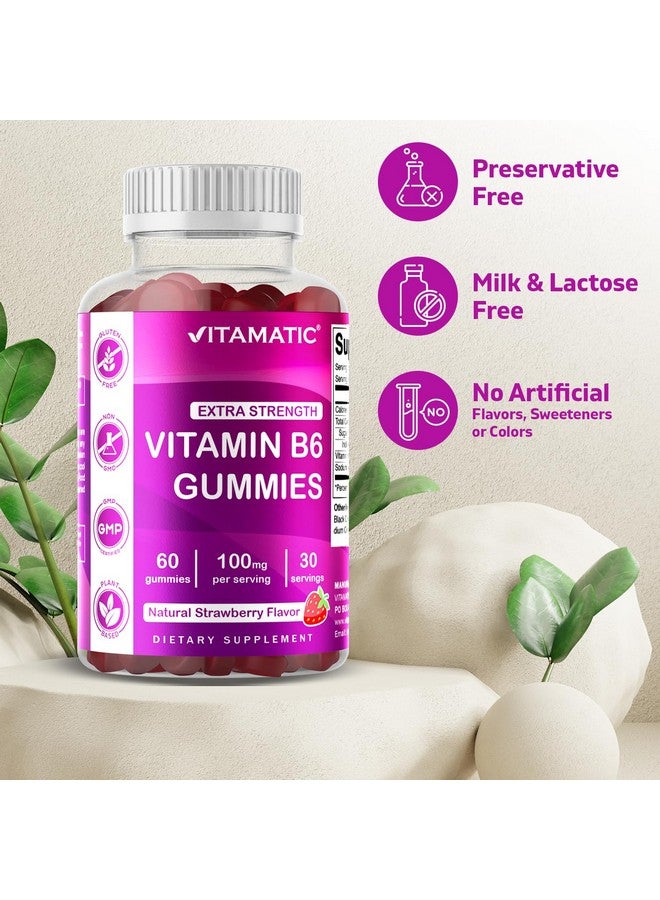 Vitamatic 2 Packs Vitamin B6 100mg Gummies - Natural Strawberry Flavor - 60 Pectin-Based Gummies per Bottle - Nervous System & Energy Support - Image 4
