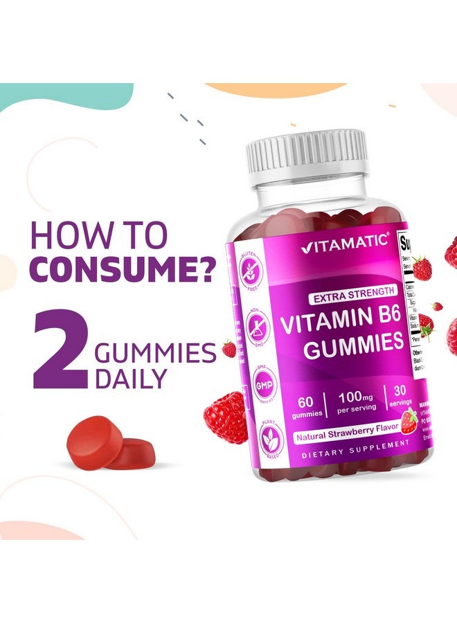 Vitamatic 2 Packs Vitamin B6 100mg Gummies - Natural Strawberry Flavor - 60 Pectin-Based Gummies per Bottle - Nervous System & Energy Support - Image 3