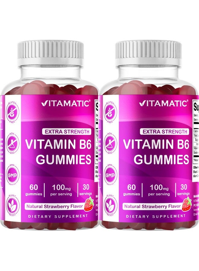 Vitamatic 2 Packs Vitamin B6 100mg Gummies - Natural Strawberry Flavor - 60 Pectin-Based Gummies per Bottle - Nervous System & Energy Support - Image 1