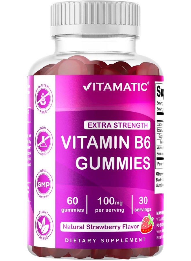 Vitamatic 2 Packs Vitamin B6 100mg Gummies - Natural Strawberry Flavor - 60 Pectin-Based Gummies per Bottle - Nervous System & Energy Support - Image 5
