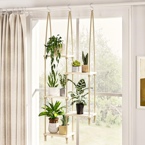 Bamworld Hanging Shelves Plant Hanger Indoor Window Plant Shelves Wood Plant Wall Shelf Window Sill Plant Shelf Indoor Hanging Plant Stand Living Room Decor Garden Boho Decor - Image 1
