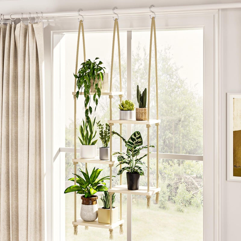 Bamworld Hanging Shelves Plant Hanger Indoor Window Plant Shelves Wood Plant Wall Shelf Window Sill Plant Shelf Indoor Hanging Plant Stand Living Room Decor Garden Boho Decor - Image 2