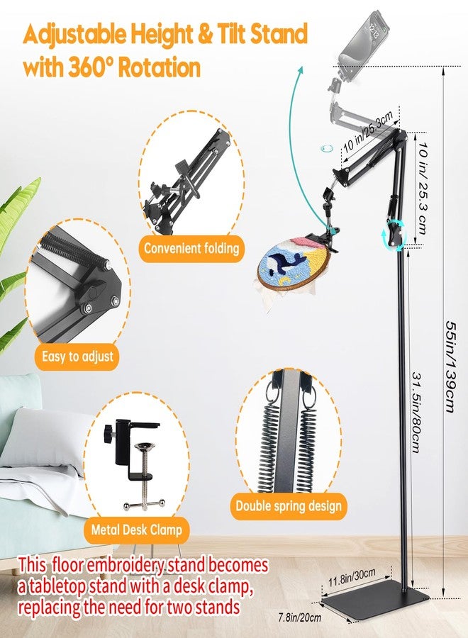 Cherocito Black Adjustable Embroidery Hoops Stand for Hand Work,3-in-1 Hoop/Tablet/Phone Holder Floor Stand,Embroidery Desktop Stand，Lap Cross Stitch Frame with 360° Rotation,Hand Embroidery Stand - Image 2