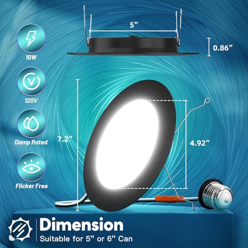FREELICHT 6 Pack Retrofit LED Recessed Lighting 6 Inch, Selectable 2700K/3000K/4000K/5000K/6000K, Dimmable Flat LED Can Lights, 10W=110W, 1000LM, IC & Damp Rated, ETL & FCC, Black - Image 5