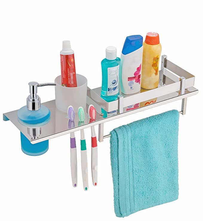 GOSAI Bathroom Accessories Matt Black Multipurpose Shelves with Toothbrush Holder | Soap Dispanser | Towel Ring All in 1 Shelf 18 x 5 inch, Stainless Steel - Image 2