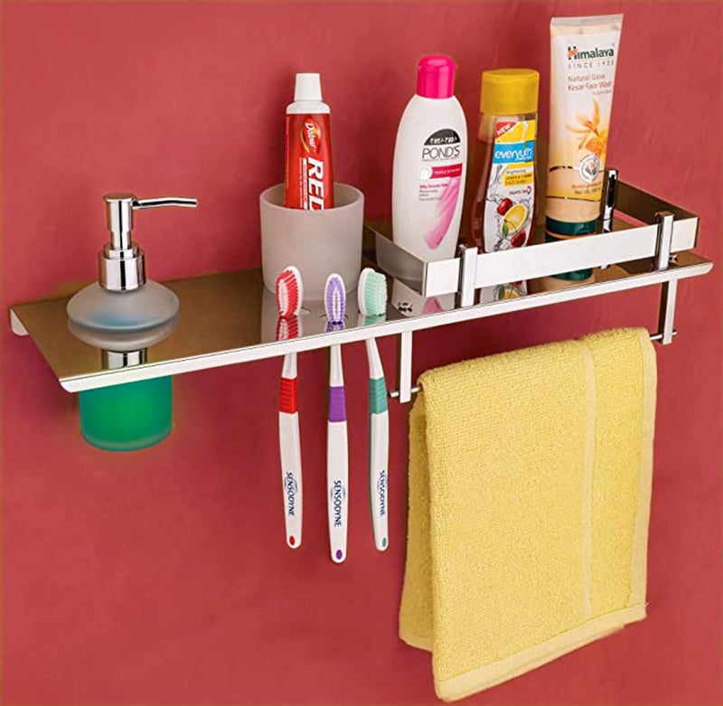 GOSAI Bathroom Accessories Matt Black Multipurpose Shelves with Toothbrush Holder | Soap Dispanser | Towel Ring All in 1 Shelf 18 x 5 inch, Stainless Steel - Image 1