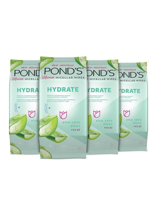 Pond's Vitamin Micellar Makeup Remover Wipes For Dry Skin Skin Care Hydrating Aloe Vera Daily Face Wipes Remove Dirt Waterproof Makeup 25 Count 4 Pack  - Image 1