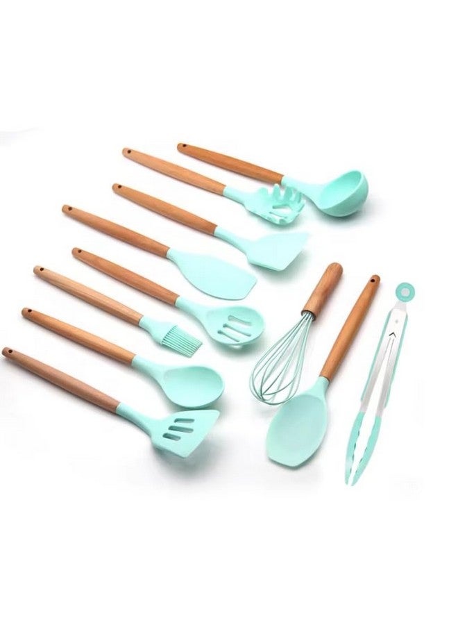 Royalkart® Silicone Kitchen Utensil Set, 11 Pieces Cooking Utensil with Wooden Handles and Utensil Holder BPA Non-Stick, Heat Resistant, Kitchen Tools Set (Mint Green) - Image 2