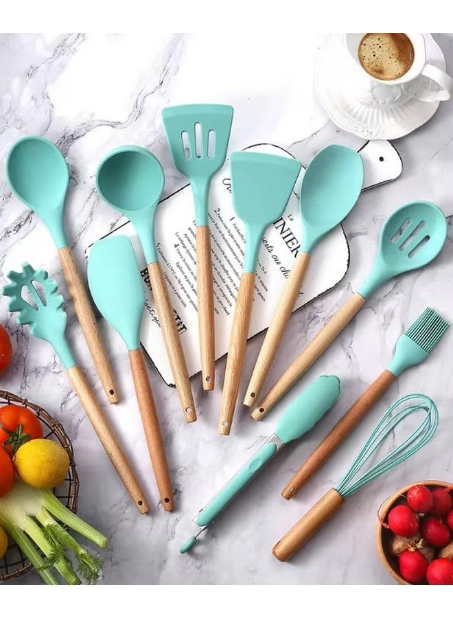 Royalkart® Silicone Kitchen Utensil Set, 11 Pieces Cooking Utensil with Wooden Handles and Utensil Holder BPA Non-Stick, Heat Resistant, Kitchen Tools Set (Mint Green) - Image 3
