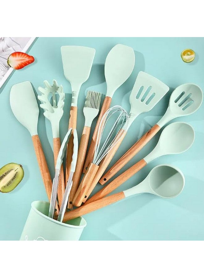 Royalkart® Silicone Kitchen Utensil Set, 11 Pieces Cooking Utensil with Wooden Handles and Utensil Holder BPA Non-Stick, Heat Resistant, Kitchen Tools Set (Mint Green) - Image 1