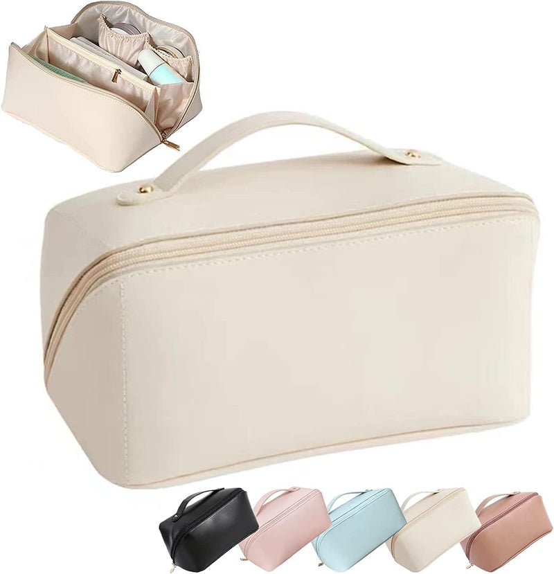 Skytone Large Capacity Cosmetic Travel Bag, Women's Makeup Travel Bag Portable Leather Cosmetics Bag, Makeup Storage Bags with Handle and Divider, Wide Opening Cosmetic/Makeup Organizer, Cream, L, - Image 1