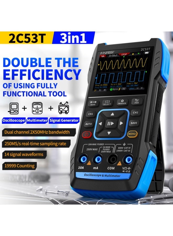 FNIRSI 2C53T Upgraded 3-in-1 Oscilloscope Multimeter Signal Generator 50MHz Bandwidth 250MS Dual Channel 20000 Counts - Image 2