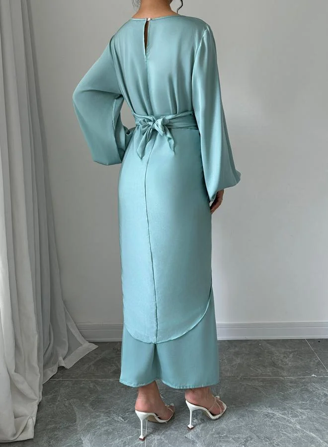 تايك تو Solid Twist Waist Long Sleeve Midi Dress