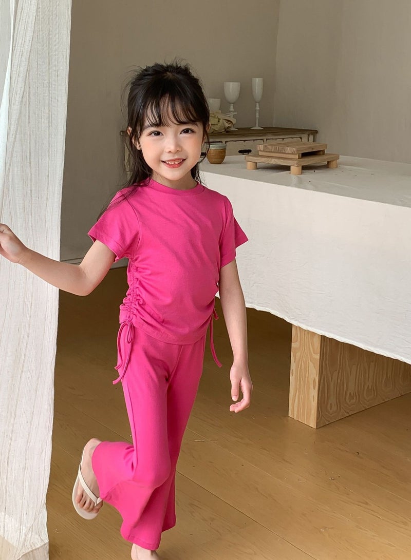 Loquat Girls Solid Color Set Short Sleeve Drawstring T-shirt And Flared Pants Summer Casual Set Rose Pink  - Image 1
