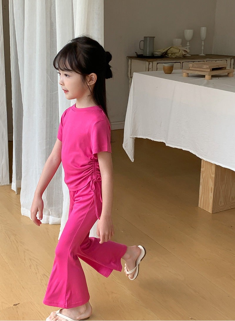 Loquat Girls Solid Color Set Short Sleeve Drawstring T-shirt And Flared Pants Summer Casual Set Rose Pink  - Image 2