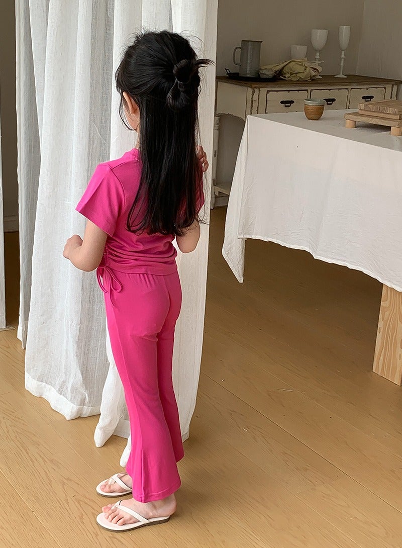 Loquat Girls Solid Color Set Short Sleeve Drawstring T-shirt And Flared Pants Summer Casual Set Rose Pink  - Image 3