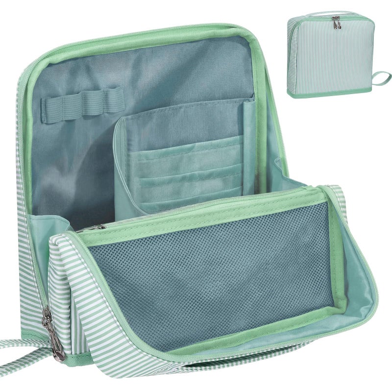 SilTriangle Striped Makeup Bag Large Cosmetic Bags for Women Gift with Brush Loops Mesh Pocket Wrist Strap Travel Organizer Storage Pouch Toiletry Case with Divider for Mirror(Fresh Green) - Image 1