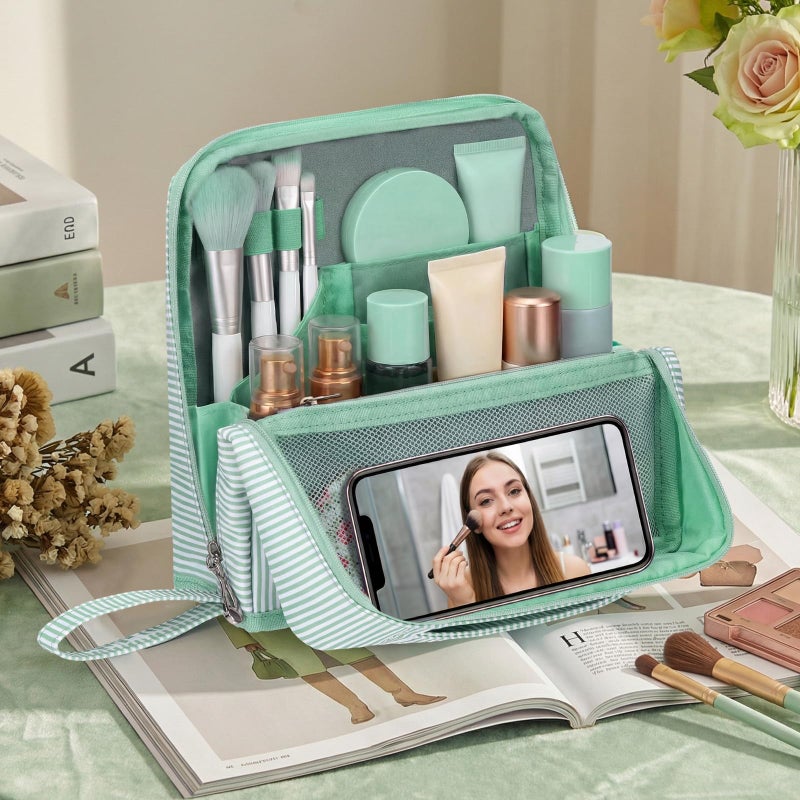 SilTriangle Striped Makeup Bag Large Cosmetic Bags for Women Gift with Brush Loops Mesh Pocket Wrist Strap Travel Organizer Storage Pouch Toiletry Case with Divider for Mirror(Fresh Green) - Image 3