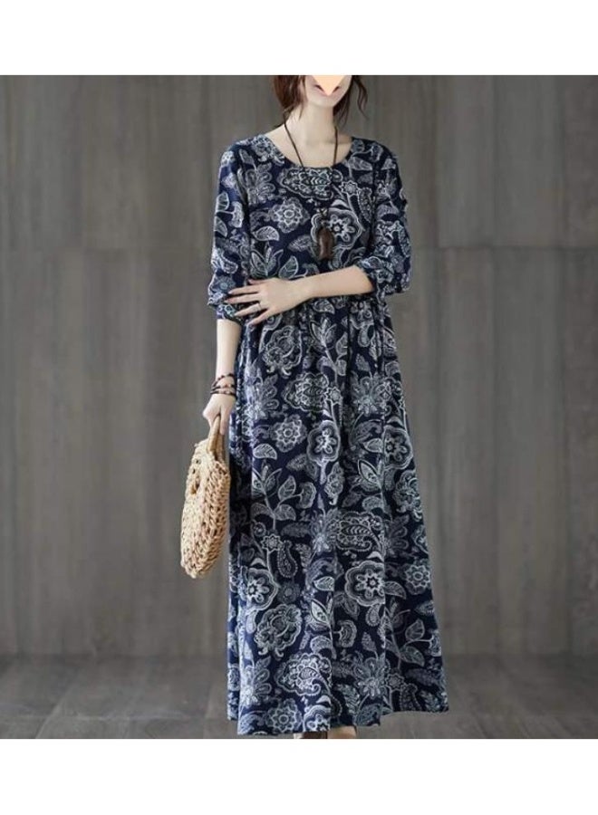 Beauenty Plus-size women's long-sleeved cotton dress spring and autumn loose vintage printed cotton robe national style skirt  - Image 1