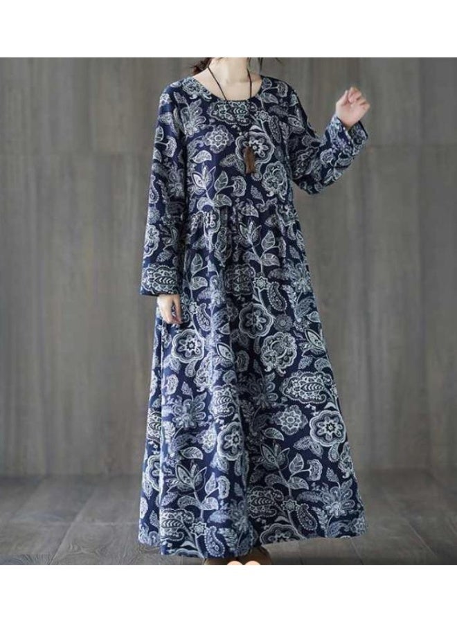 Beauenty Plus-size women's long-sleeved cotton dress spring and autumn loose vintage printed cotton robe national style skirt  - Image 2