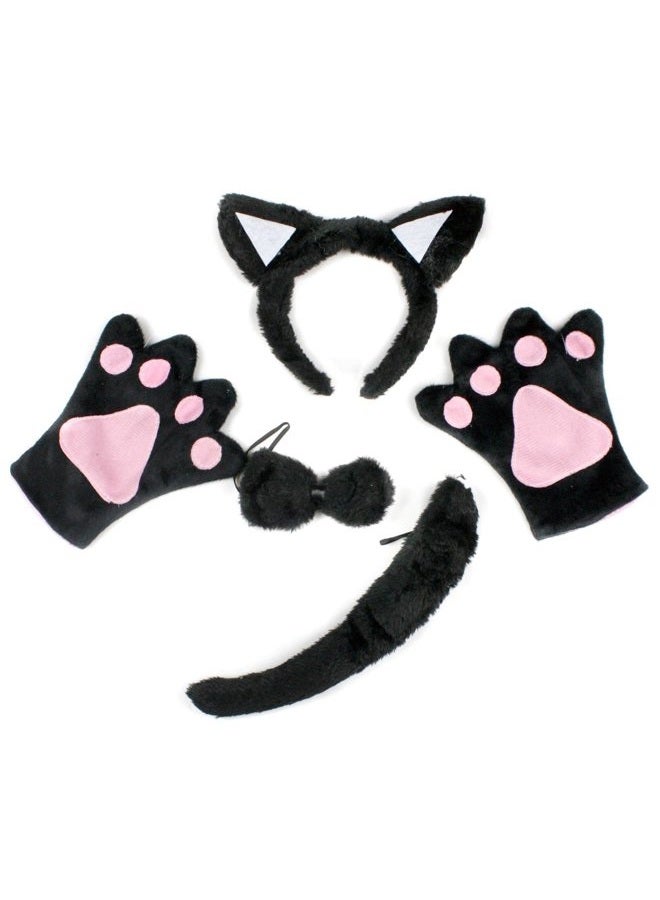 Black Cat Headband Bowtie Tail Gloves 4pc Children Costume (Black, One Size)