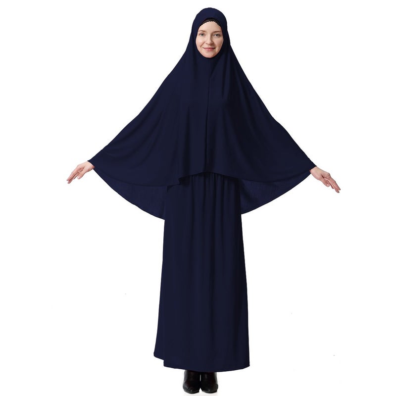 XINFU Womens Muslim Islamic khimar 2pcs Sets Soft Distinctive Prayer Hijab AbayaDress Suit Navy Blue Medium