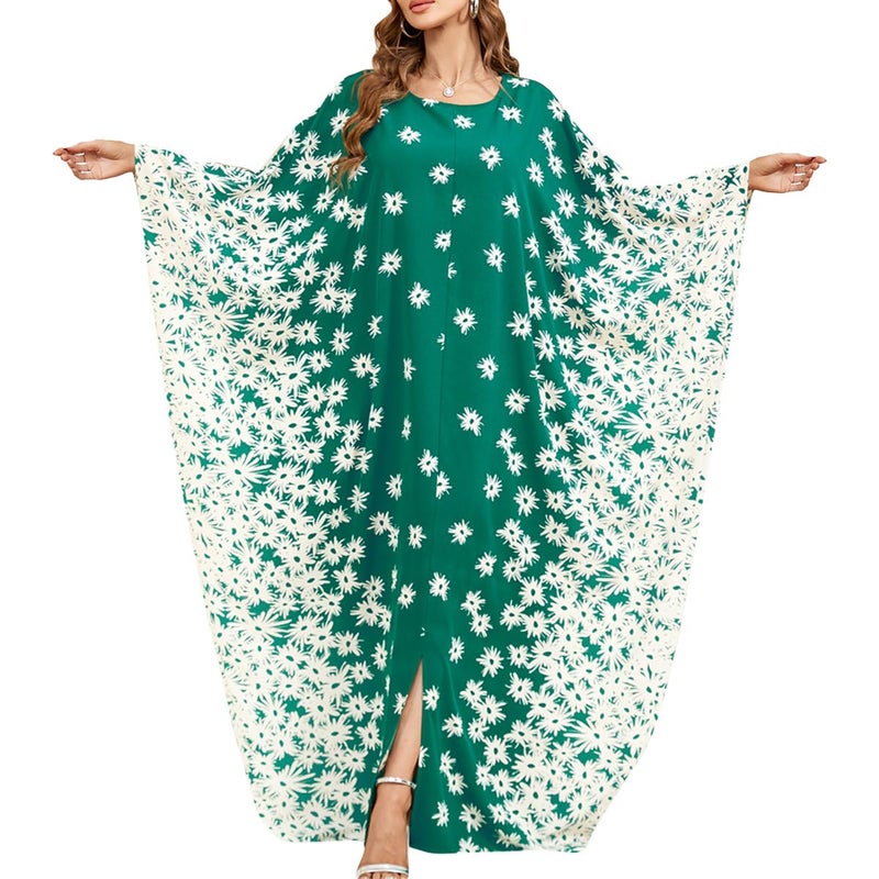 ODIZLI Abayas for Women Muslim Dubai Embroidered Prayer Dress Ramadan Eid Abaya Batwing Sleeve Loose Fit Maxi Traditional Arabic Robe Kaftan Middle East Outfits Plus Green G One Size - Image 2