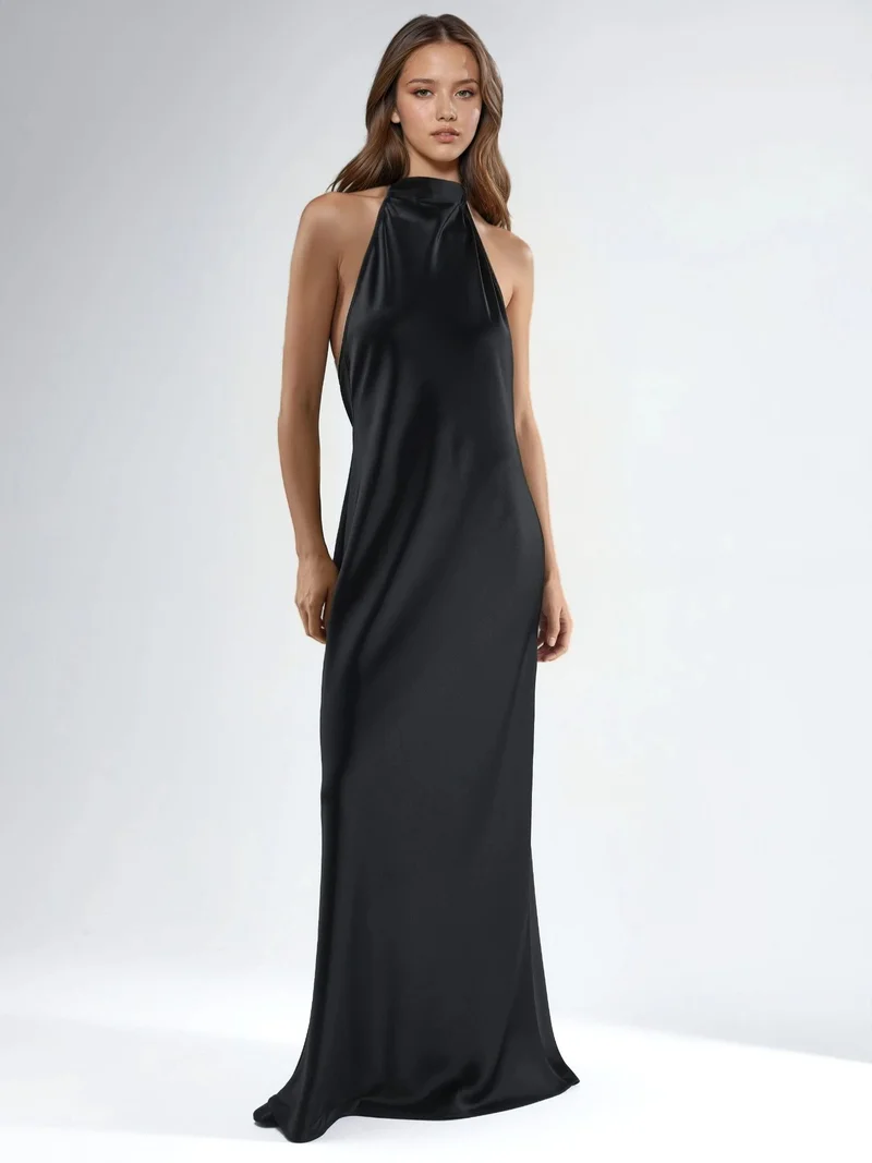 Hiccup Black Halter Neck Satin Maxi Dress for Women | Best Price UAE